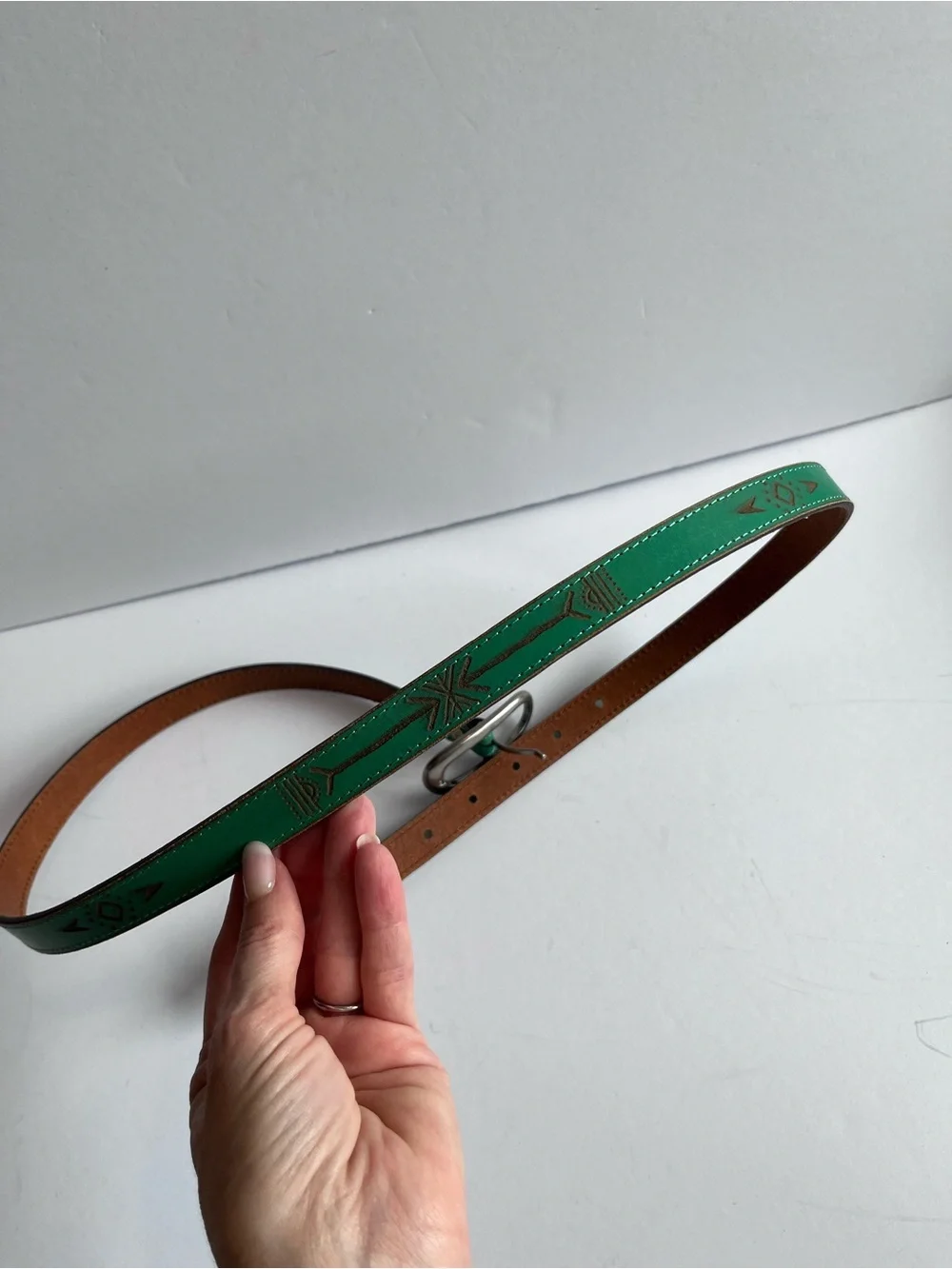 Green Leather Skinny Belt Boho Southwestern